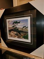 Framed print in a black frame with corner protectors showing overall presentation and size