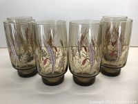 Front view of 6 smoky brown glass tumblers decorated with wheat sheaf and botanical designs in muted tones.