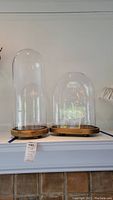Two glass cloche display domes on wooden bases, showing full view and size comparison