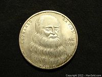 Obverse of Da Vinci coin with portrait and inscriptions