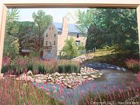 Oil painting of a stone mill building and stream with trees and flowers.