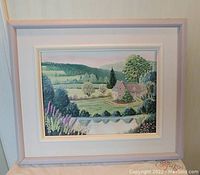 Frontal view of the full oil painting with rural Quebec spring countryside scene in a light wood frame.