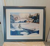 Full front view of the framed oil painting showing the winter landscape scene.