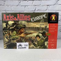 Original Axis and Allies Europe board game box with cover art showing soldiers and WWII imagery in front of a map background.