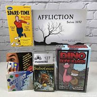 Five board games displayed, includes Spare-Time Bowling Game, Affliction Salem 1692, Dino Due Ranch, Saboteur, and Intersect 90.