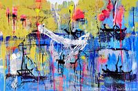 Close-up of central area showing layered drips and splatters in blue, yellow, pink, black and white