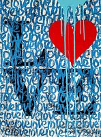 Close-up of repeated blue ‘love’ text layered under a red heart with teal drips.