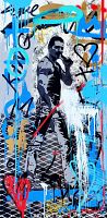 Front view of street art painting featuring Freddie Mercury stencil with graffiti drips and hearts