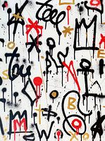 Close-up of painted surface showing black, red and gold spray paint drips and motifs on white canvas.