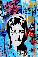 Close-up crop of black and white stencil portrait on canvas