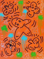 Front view of entire canvas showing orange background, black outlined shapes, green and blue drips