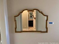 Full view of the large framed wall mirror mounted on the wall, showing its size and shape.