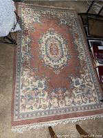 Full view of the area rug showing central medallion pattern and fringed edges.