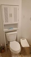 Toilet with white over-the-toilet cabinet mounted above it and white plastic shower seat next to it