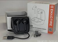 Opened box showing black Encafire G20 earbuds in leather-like charging case, USB cable, and extra ear tips arranged in front of the box.