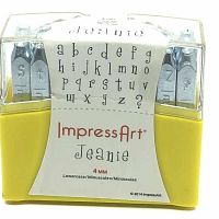 Front view of the yellow plastic case with clear lid and a white label showing lowercase letters a-z and ? symbol, branded ImpressArt Jeanie 4mm.