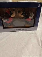 Original retail packaging of Disney Mickey and Minnie magnetic salt and pepper shakers showing clear window with both characters inside.