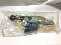 Three sealed Mitutoyo Digimatic micrometers in plastic bags, showing full micrometer including thimble scale, locking lever, and digital display area with buttons.