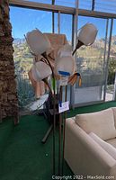 Full view of the floral floor lamp showing all five frosted glass flower bud shades and curved bronze stems with round base near seating area in a sunroom.