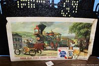 Vintage Pabst Blue Ribbon beer advertisement showing steam locomotive and town scene with beer bottle and glass