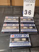 Five BASF 90 chromdioxid extra II blank audio cassettes in factory shrink wrap, stacked in two rows and one cassette in front.