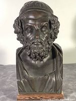 Front view of bronze-style bust sculpture of Homer on wooden base showing detailed facial features, hair, and beard.
