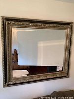 Front view of the large beveled edge mirror hanging on a wall, showing its reflective surface and full frame.