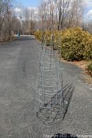Single conical metal plant holder with circular base, outdoor setting on paved driveway with bushes in background.