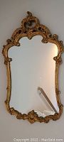 Front view of gold ornate framed mirror hanging on wall