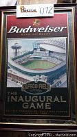 Full view of framed Budweiser Safeco Field inaugural game sign with stadium illustration and event details.