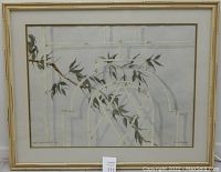 Framed watercolor painting by Charles Reeder showing botanical elements over architectural design, full view with frame in neutral tones.