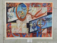 Full view of the watercolor painting showing the abstract modernist composition with geometric and figurative shapes and color blocks in various hues.
