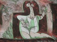 Large color lithograph by Edmundo Aquino showing an abstract modernist figure with two heads seated against an arch-shaped background, with visible muted green, brown, and pink hues and delicate line work.