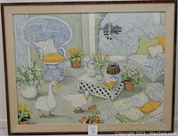 Full frontal view of the large framed oil painting depicting the whimsical living room scene with ducks, wicker furniture, and flowers.