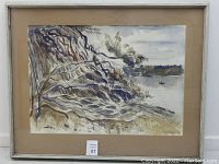 Full view of framed watercolor painting showing coastal impressionist scene by Nelson Sandgren