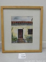 Framed oil pastel painting showing the full artwork, mat, and light wood frame with minor wear.