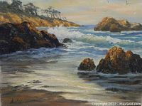 Front view of the oil painting showing the coastal surf scene with rocks and cliffs signed by Duda lower left.