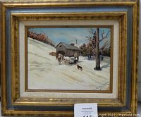 Full view of the framed winter landscape painting showing barn, horses, wagon, figures and dog in snow scene.