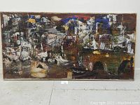 Full frontal view of the framed abstract painting showing overall composition and condition.