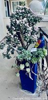Tall blue planter with flowering jade plant, succulents, and colorful ceramic parrot on balcony.