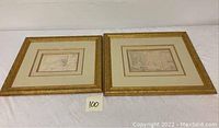 Two framed pencil drawings laying flat, gold frames with matting, size approx 15x19 for smallest.