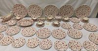 Full spread of all plates, cups, saucers, bowls and serving pieces displayed on table.