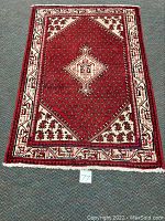 Full view of the Persian Seraband rug laid on a grey carpet showing the entire pattern and borders.