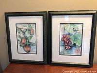 Photo showing both watercolor paintings framed and standing side-by-side, one featuring apples and the other grapes, double matted and behind glass.