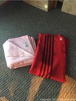 Photo showing folded pink Kenwood wool blanket and folded red Ottawa Valley wool blanket with black stripes.