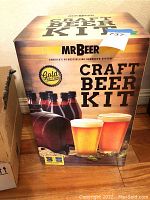 Front view of the Mr. Brew Craft Beer Kit Gold Edition box with images of beer glasses and a keg.