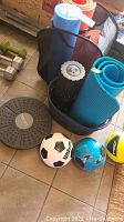Photo of balance board, foam roller, hand weights, rolled blue and orange mats, and three sports balls on tiled floor