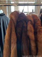 Four fur shawls hanging on metal rod in front of window