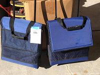 Two blue folding coolers with telescopic handles and mesh front pockets, placed side by side.