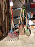 Wide view of five yard tools including two fan-shaped metal rakes, two shovels with wooden handles, and one partially visible rake, all worn and weathered.